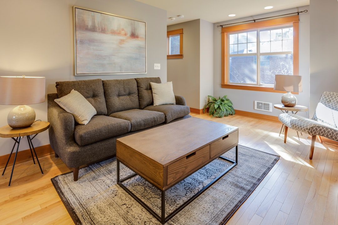 Contemporary wood furniture arrangement in living room setting